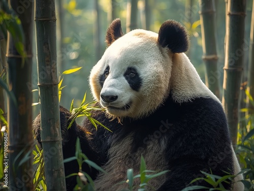 Gentle panda snacking on bamboo in a lush forest habitat, perfect for conservation campaigns and wildlife education materials about protecting endangered species