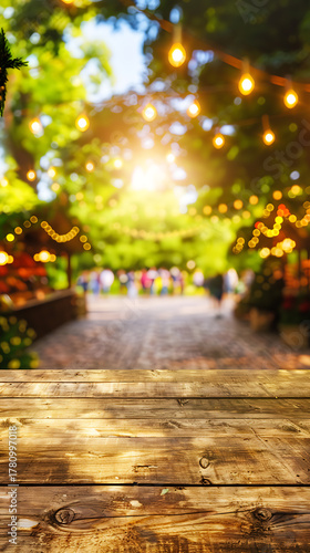 Vibrant evening market scene outdoor festival food stalls garden setting warm glow community gathering