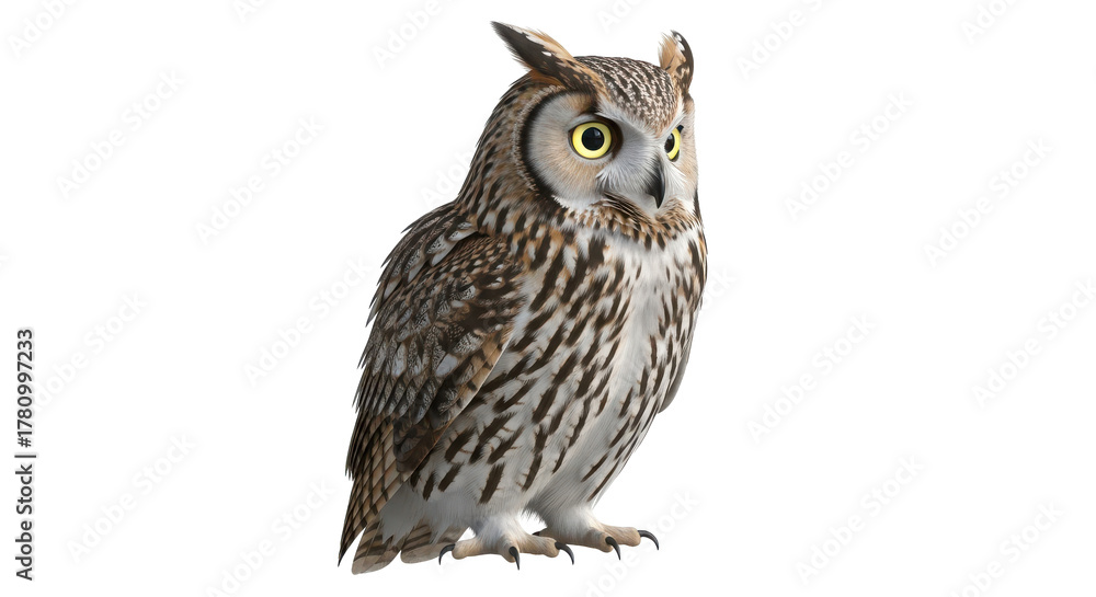 Naklejka premium Detailed studio portrait of a wise long eared owl with striking yellow eyes standing alert on a transparent background isolated on transparent background