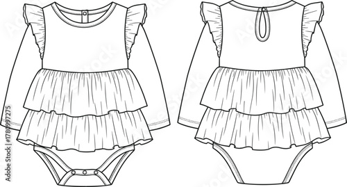 Baby Girl Ruffle Bodysuit Technical Fashion Flat Sketch, Long Sleeve, Tiered Skirt, Front and Back Views, Infant Apparel Vector Drawing.