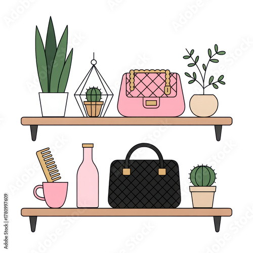Stylish shelf display with fashion accessories and plants isolated on transparent background