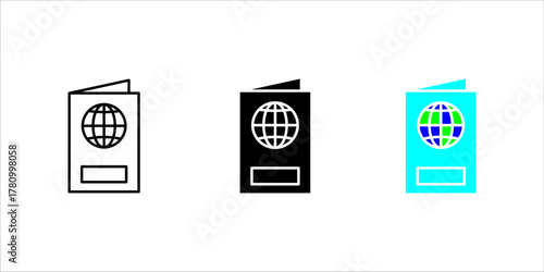 global-passport-icon set. Black icon of a passport featuring a globe symbol, representing international travel, identity, immigration, or tourism concept.