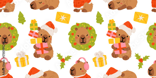 Cute Christmas capybara seamless pattern, funny winter animals with Santa hats, gifts, snowman, Christmas tree, and lights. Cozy holiday background. Flat cartoon vector illustration for New Year