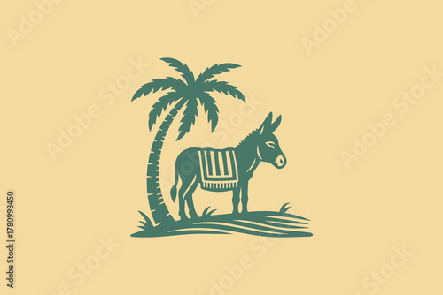 Donkey and palm, bold engraving silhouette vector illustration