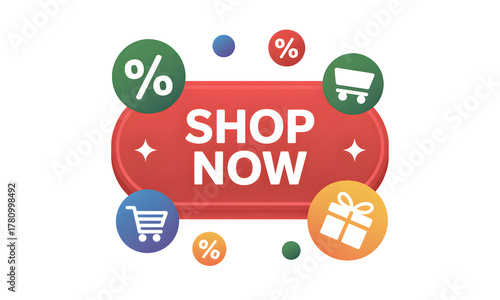 Shop now button with shopping carts, discount signs and a gift icon around it on transparent background