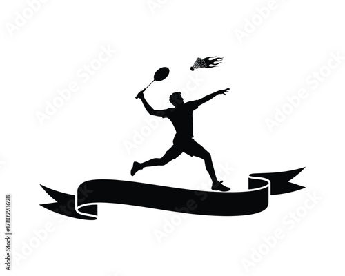 Badminton athlete hitting shuttlecock silhouette emblem with ribbon banner perfect for club logo design