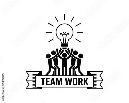 People holding up a glowing light bulb with team work text