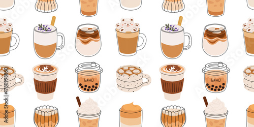 Seamless coffee pattern with cute drinks. Cartoon vector of cappuccino, latte, mocha, bubble tea, iced coffee, hot chocolate, and bear latte art. Cozy winter cafe design illustration.