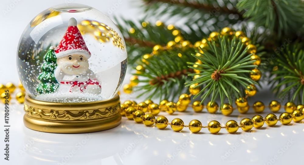 Fototapeta premium Santa Claus snow globe surrounded by pine branches and beads 
