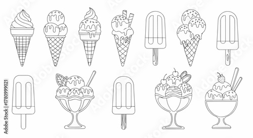 A diverse collection of ice cream cone, popsicle, and sundae outline icons. A sweet dessert vector illustration set