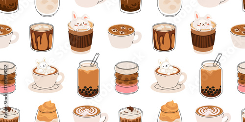 Seamless coffee pattern with cute drinks. Cartoon vector of cappuccino, latte, mocha, bubble tea, iced coffee, hot chocolate, and bear latte art. Cozy winter cafe design illustration.