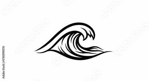 Stylized ocean wave icon in a simple black and white line art style. Isolated surf symbol vector illustration