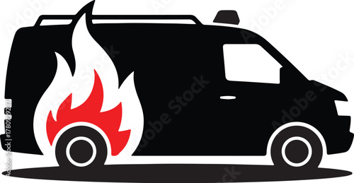 Burning Van Vector Illustration Fire Accident Transportation Emergency Breakdown Crisis Automotive Danger Safety Flames Vehicle Black And Red