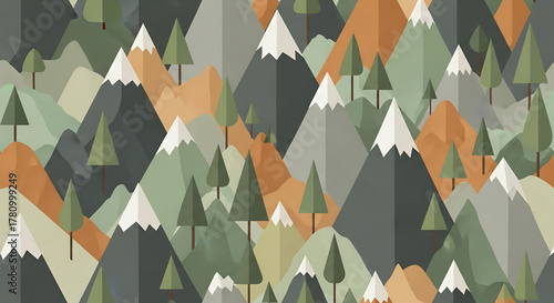 Abstract Mountain Landscape with Geometric Trees and Snow Capped Peaks Illustration