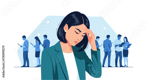 An Asian businesswoman experiences burnout and stress from overwork in a demanding office environment, struggling to cope with the pressures of her career.