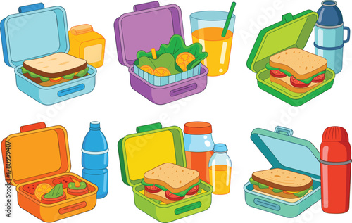 Assorted lunch boxes filled with sandwiches and drinks for school or work lunchbox food