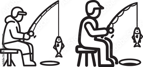 Two fishermen catching fish silhouette isolated on white background