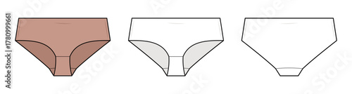 Mid-Rise Hipster Panty Technical Fashion Illustration. Women’s Underwear Vector Template. Front and Back View. Seamless Comfort Fit. Lingerie CAD Mockup Set.