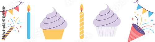 Birthday party elements including cupcakes candles and party poppers celebration frosting