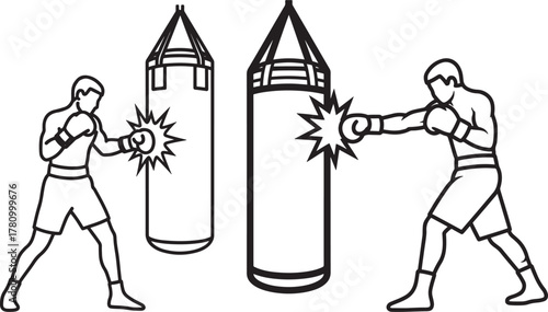 Two boxers training with punching bags silhouette isolated on white background