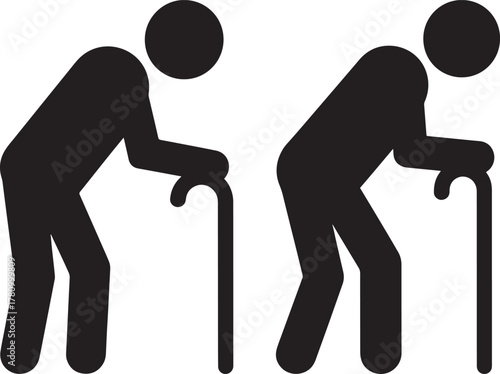 Two elderly people silhouettes with canes isolated on white background