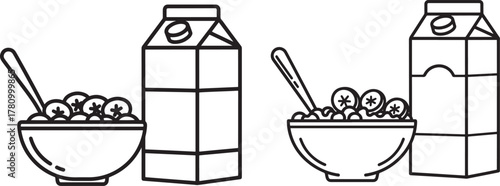 Cereal bowls with milk cartons and spoons silhouette isolated on white background
