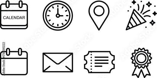 Calendar Clock Location Pin Party Popper Envelope Ticket Award Ribbon time date