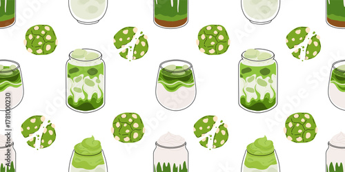 Matcha seamless pattern, cute green tea drinks, boba cups, matcha latte, mochi, macarons and desserts. Kawaii Japanese sweets and beverages vector illustration for cafe, packaging, textile, wallpaper.