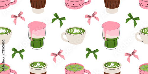 Matcha seamless pattern, cute green tea drinks, boba cups, matcha latte, mochi, macarons and desserts. Kawaii Japanese sweets and beverages vector illustration for cafe, packaging, textile, wallpaper.