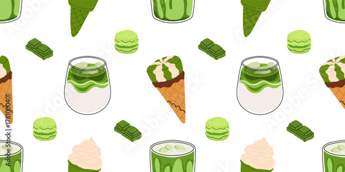 Matcha seamless pattern, cute green tea drinks, boba cups, matcha latte, mochi, macarons and desserts. Kawaii Japanese sweets and beverages vector illustration for cafe, packaging, textile, wallpaper.