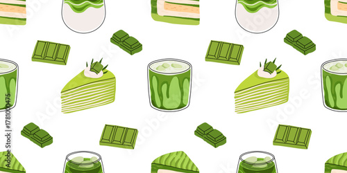 Matcha seamless pattern, cute green tea drinks, boba cups, matcha latte, mochi, macarons and desserts. Kawaii Japanese sweets and beverages vector illustration for cafe, packaging, textile, wallpaper.