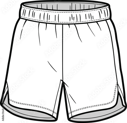 White athletic shorts, elastic waistband, curved seams, sportswear design, running gear, gym apparel, breathable fabric, minimal style, fitness clothing, comfort