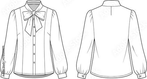Women's blouse fashion sketch, technical garment illustration, puff sleeve shirt, bow collar design, front and back view, apparel template
