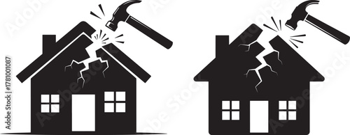 Two houses being demolished with hammers silhouette isolated on white background