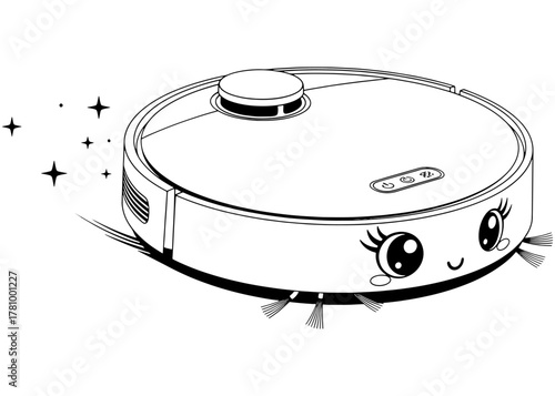 A cute kawaii robot vacuum cleaner mascot sparkling and cleaning the floor. Black and white vector line art for a smart home logo or coloring book.