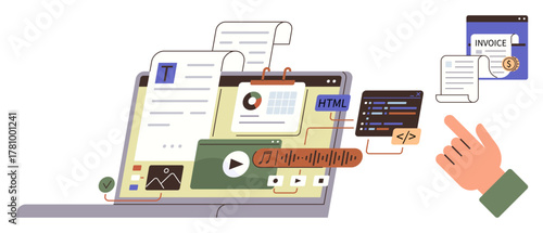 Laptop displaying text, media, charts, code editor, and invoices. Ideal for web design, coding, content creation data analysis invoicing e-commerce project management. Simple flat metaphor