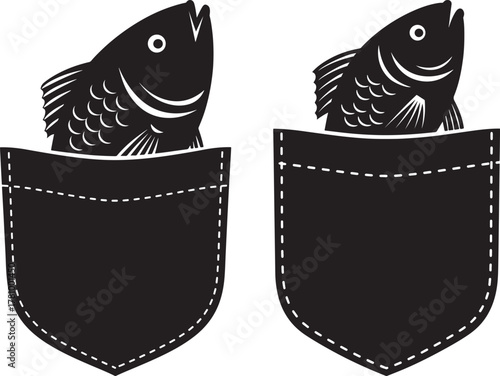 Two black fish silhouettes peeking out of pockets isolated on white background