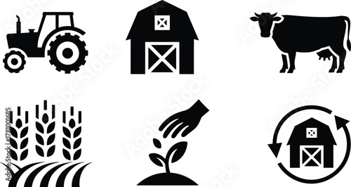 Farming and Agriculture Icons: Tractor, Barn, Cow, Wheat, Planting vector illustration