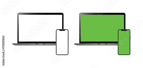 Realistic Laptop and Smartphone Mockup with Green Screens, Modern Vector Devices Isolated on White Background for UI UX Presentation, Website Display, and App Design Showcase