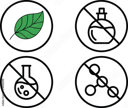 Icons indicating natural ingredients and absence of chemicals organic leaf