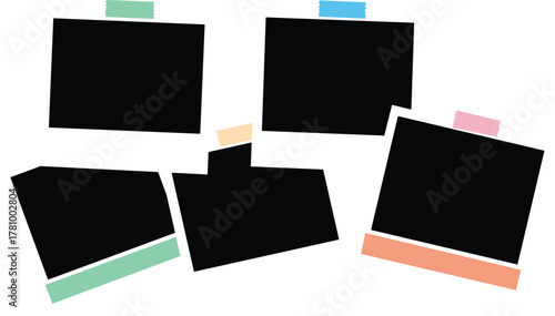 Realistic empty photo card frame, film set. Retro vintage photograph with transparent adhesive tape and paper clip. Digital snapshot image. Template or mockup for design. Vector illustration.
