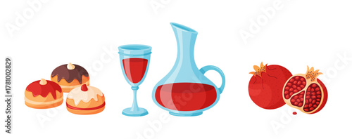 Hanukkah elements set. Sufganiyot donuts, carafe and glass of red wine, and pomegranates. Hand drawn trendy flat style. Perfect for holiday cards, posters, invitations, and festive designs. Vector