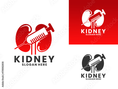 Kidney medical combination with injection logo design vector template. Kidney health logo design icon