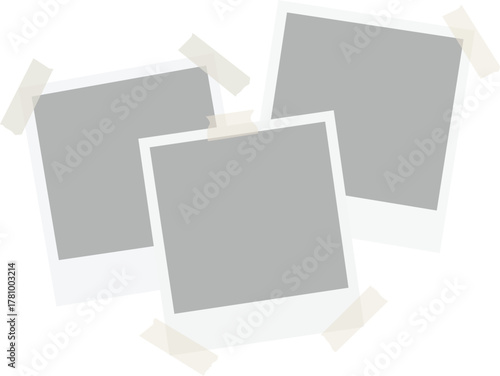 Realistic empty photo card frame, film set. Retro vintage photograph with transparent adhesive tape and paper clip. Digital snapshot image. Template or mockup for design. Vector illustration.