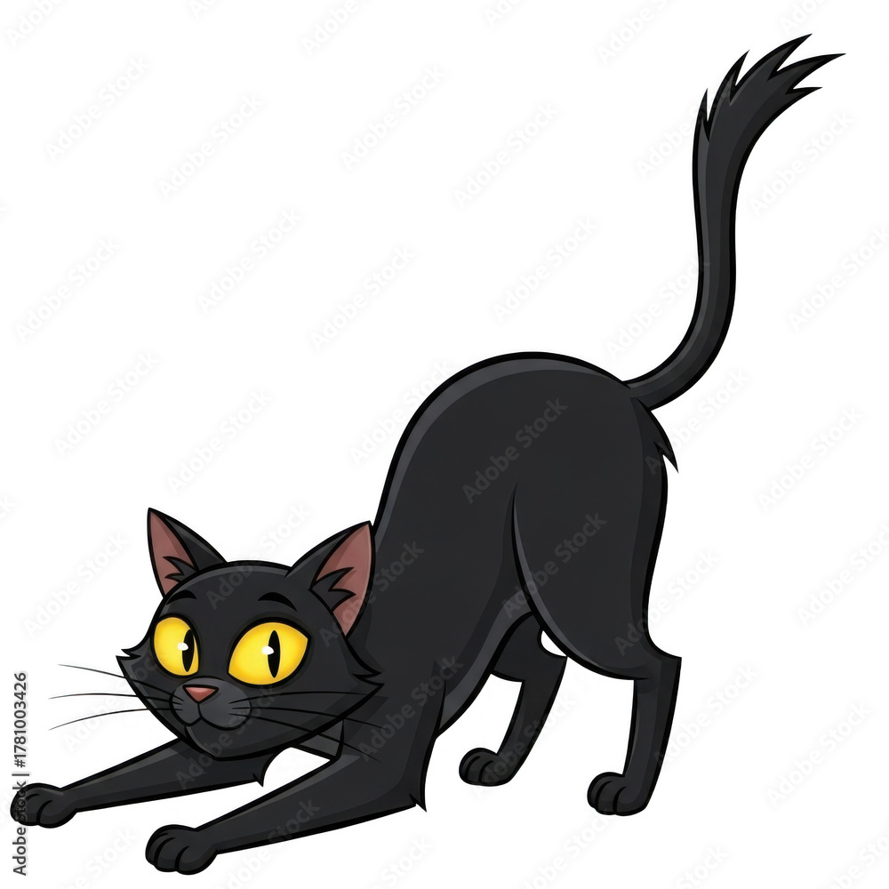 Obraz premium Black cat stretching isolated on transparent background