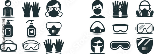Personal protective equipment icons with masks, gloves, and goggles respirator gas mask