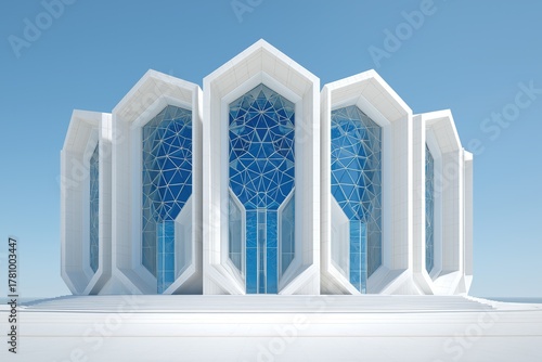 Hyper-realistic white parametric architecture featuring blue glass windows and symmetrical layout, perfect for architectural visualization, 3D modeling, and creative design applications.