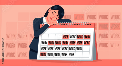 An exhausted Asian businesswoman experiences burnout, overwhelmed by a demanding work schedule and the pressures of her career in a stressful office.