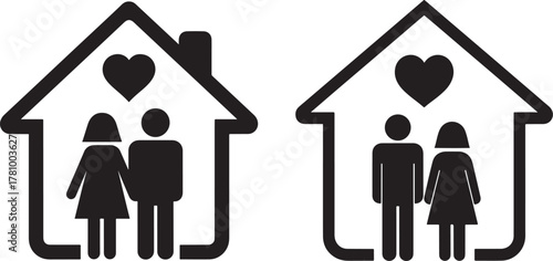 Two houses with couple silhouettes and hearts isolated on white background