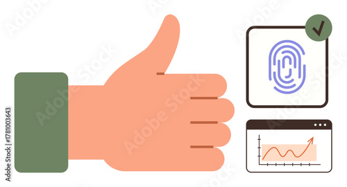 Hand giving thumb up beside fingerprint with checkmark and upward graph. Ideal for identity, security, success, approval, verification, growth, productivity. Clear simple flat metaphor